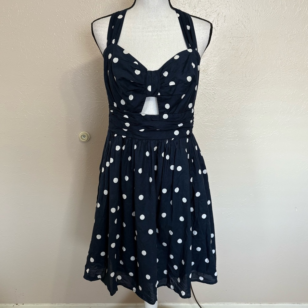 Whit Two Anthropologie Eva Navy Blue Polka Dot Cutout Sleeveless Halter Dress - Picture 2 of 11